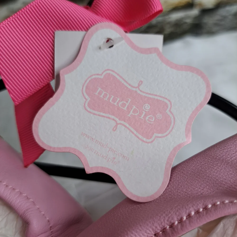 'MUD PIE' LEATHER SLIP-ON SHOES BABY GIFT SET CURLY GROSGRAIN ACC. ROUND TOE